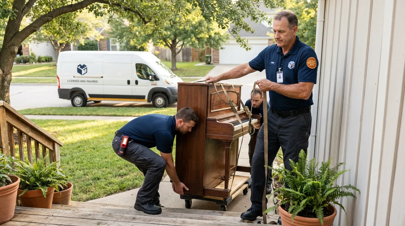 Licensed piano movers securing grand piano in Davison, MI