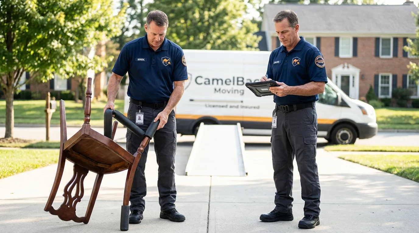 Movers inspecting furniture for damage prevention before loading in Davison, MI