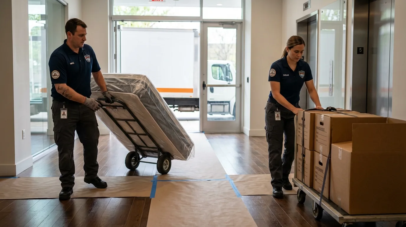 Professional apartment movers loading elevator in Davison, MI